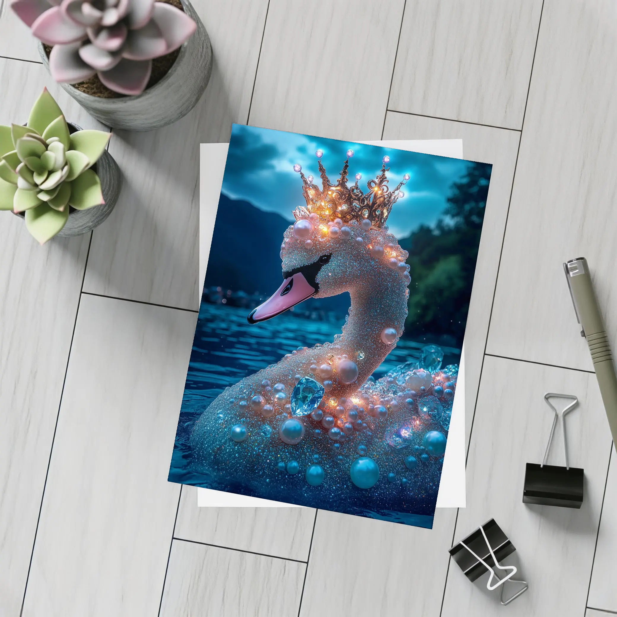 Royal Swan Crown Pearls Blue Night Lake – Postcards