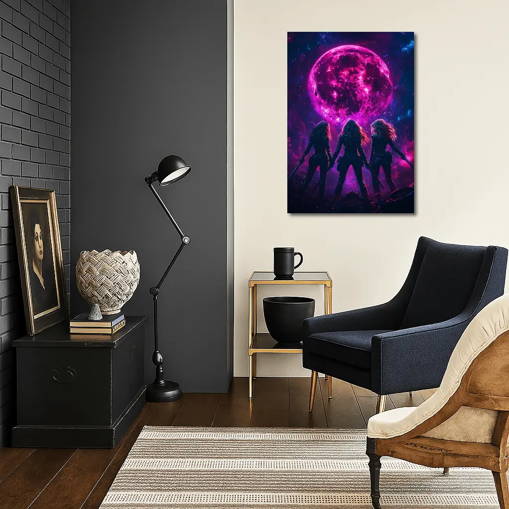 Three Warrior Women Neon Pink Moon – Wall Art