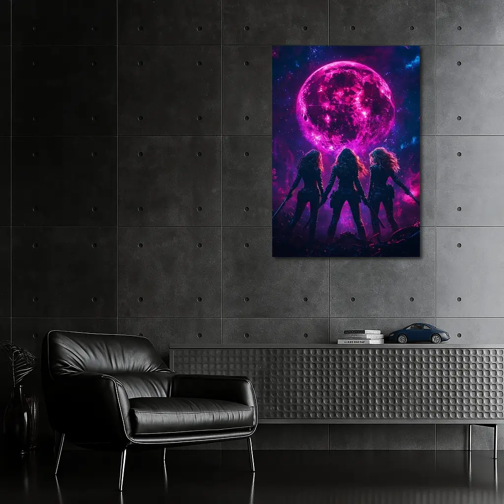 Three Warrior Women Neon Pink Moon – Wall Art