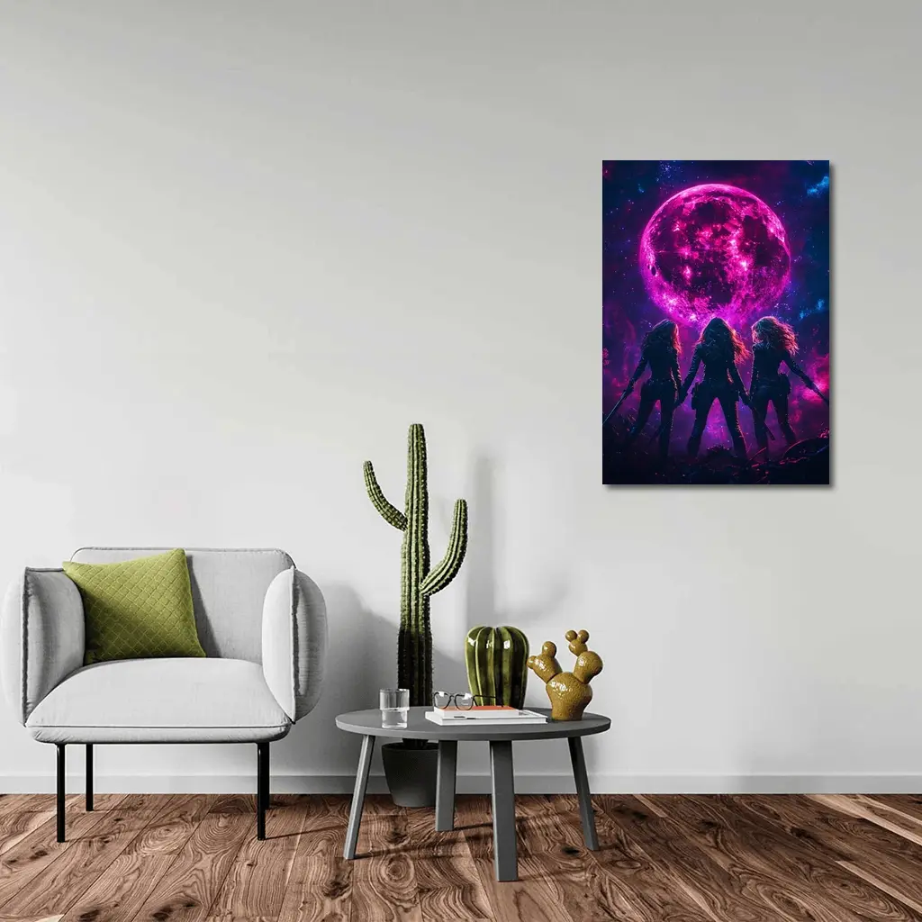 Three Warrior Women Neon Pink Moon – Wall Art