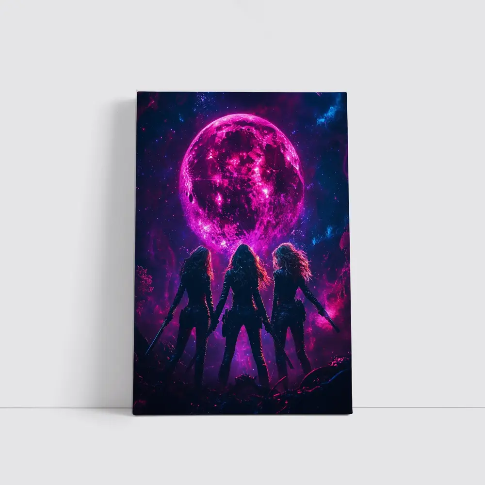 Three Warrior Women Neon Pink Moon – Wall Art