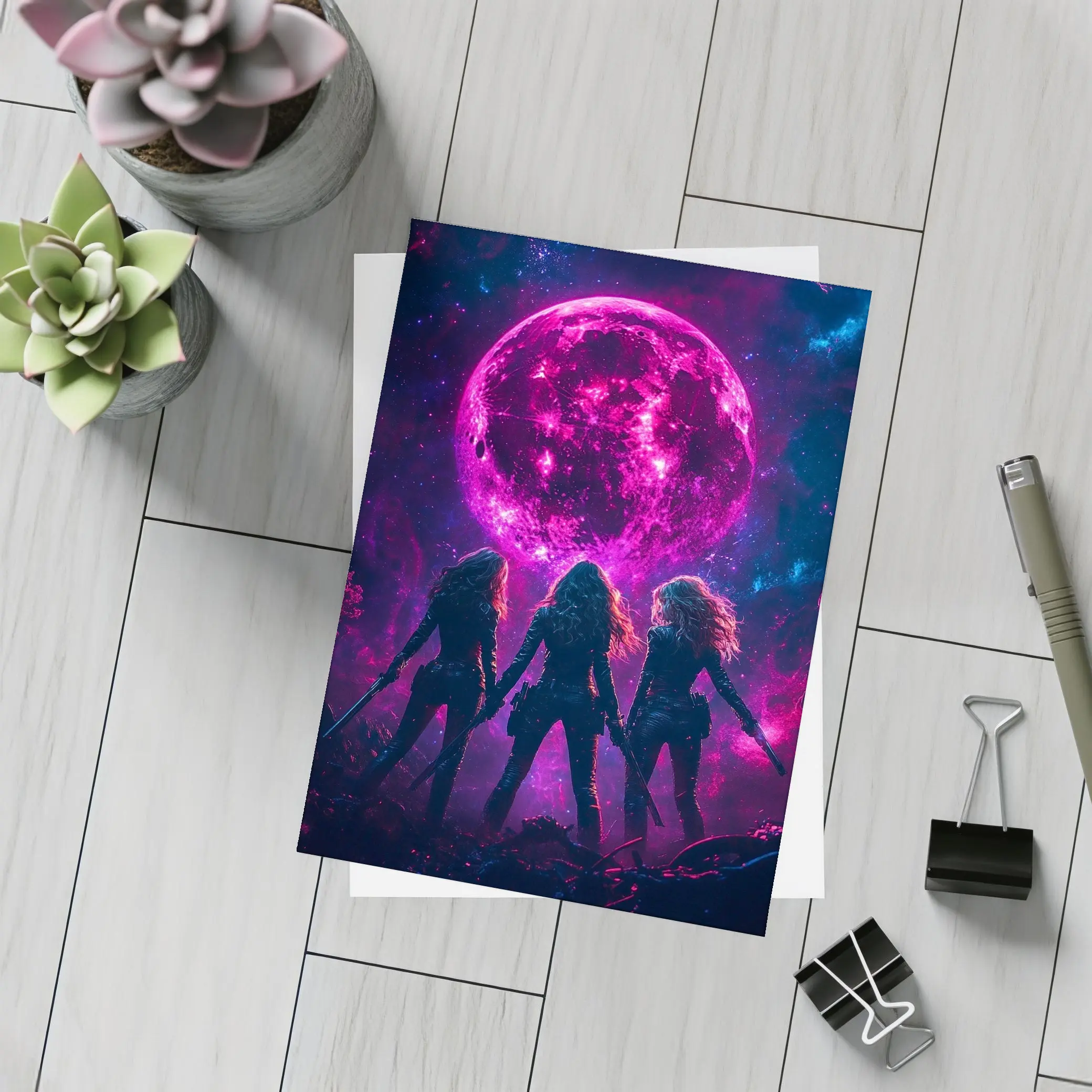 Three Warrior Women Neon Pink Moon – Postcards