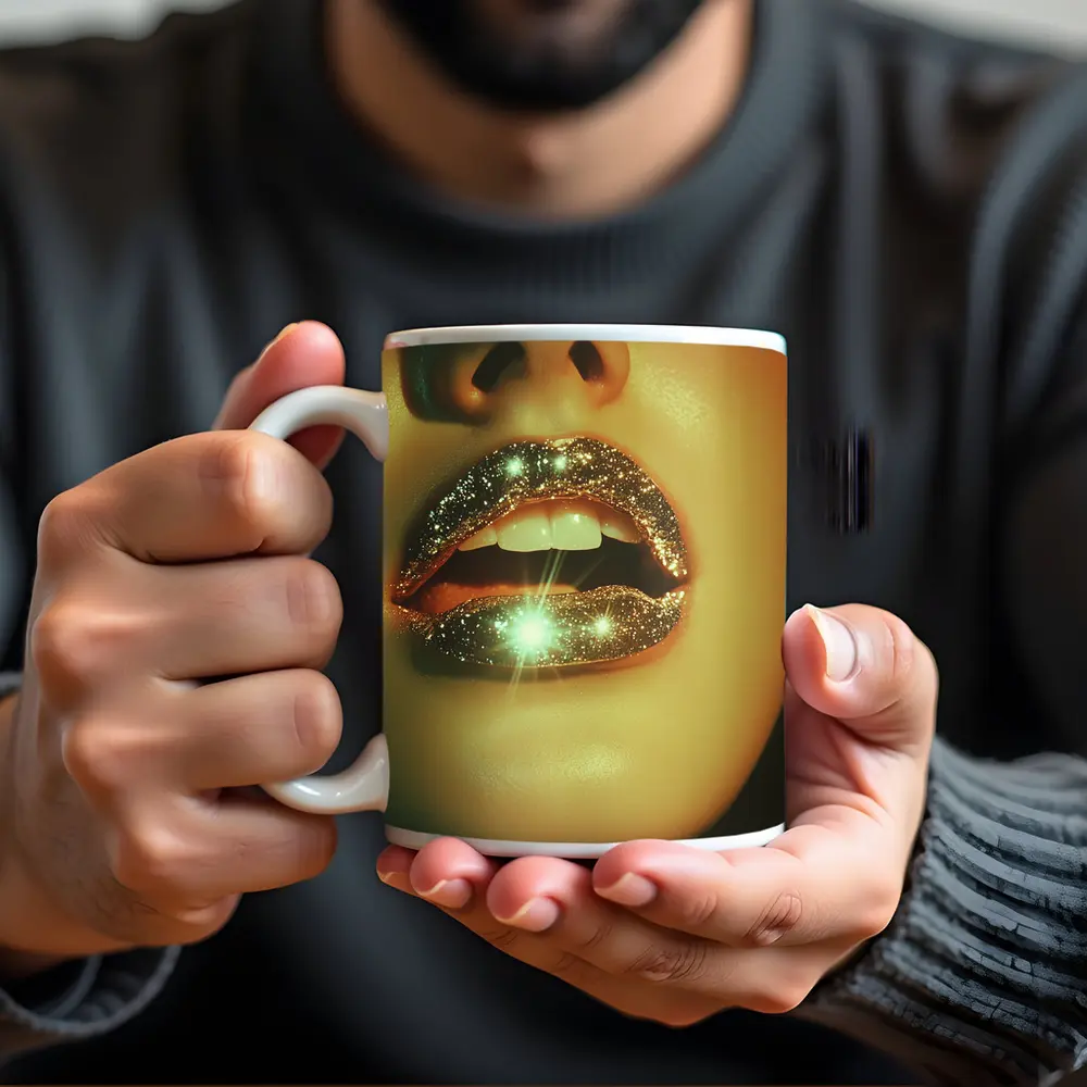 Gold Glitter Lips Close Up Portrait – Mugs