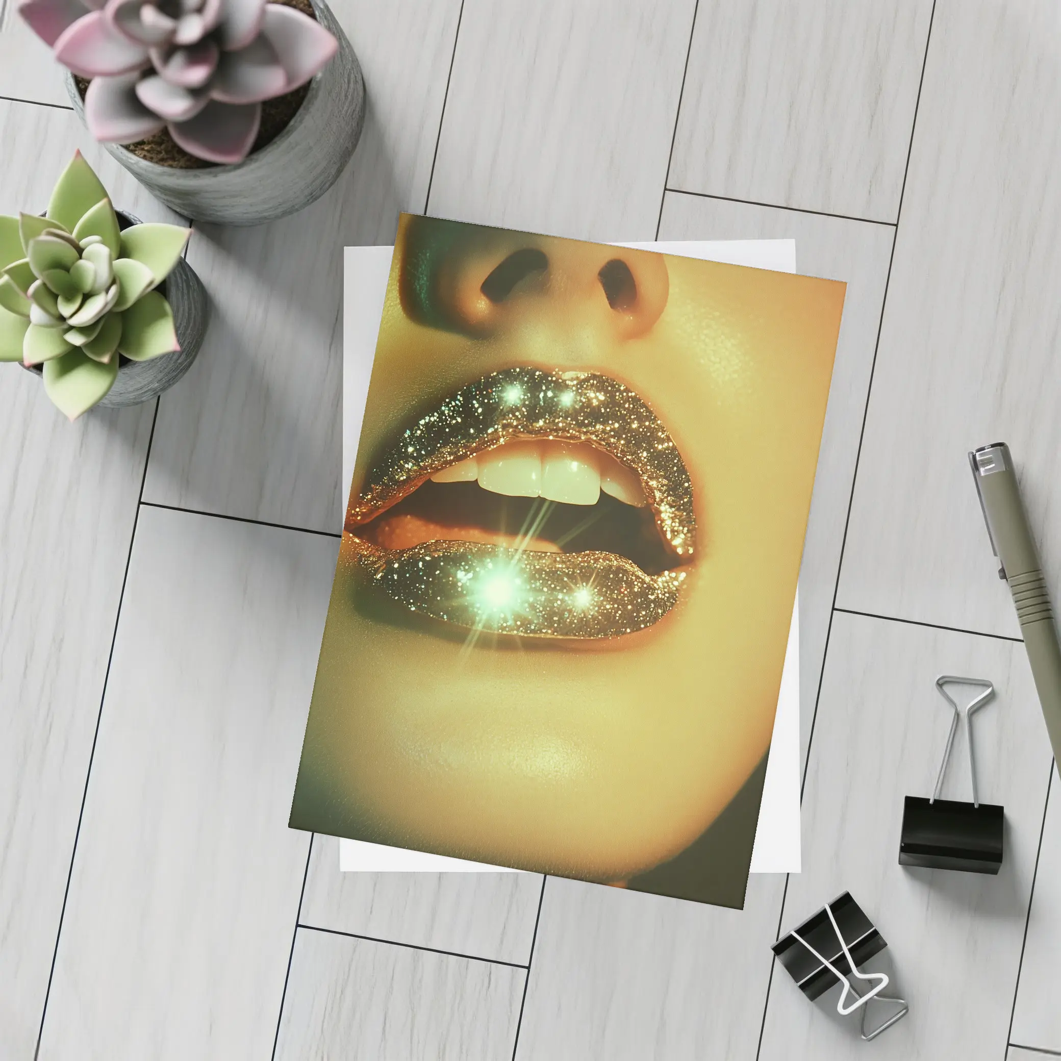 Gold Glitter Lips Close Up Portrait – Postcards