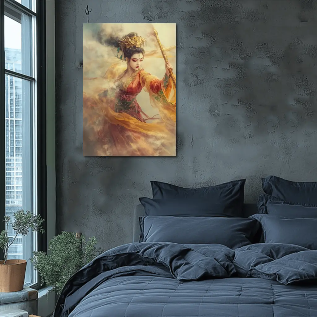 Chinese Warrior Goddess Golden Dragon Staff Art – Wall Art