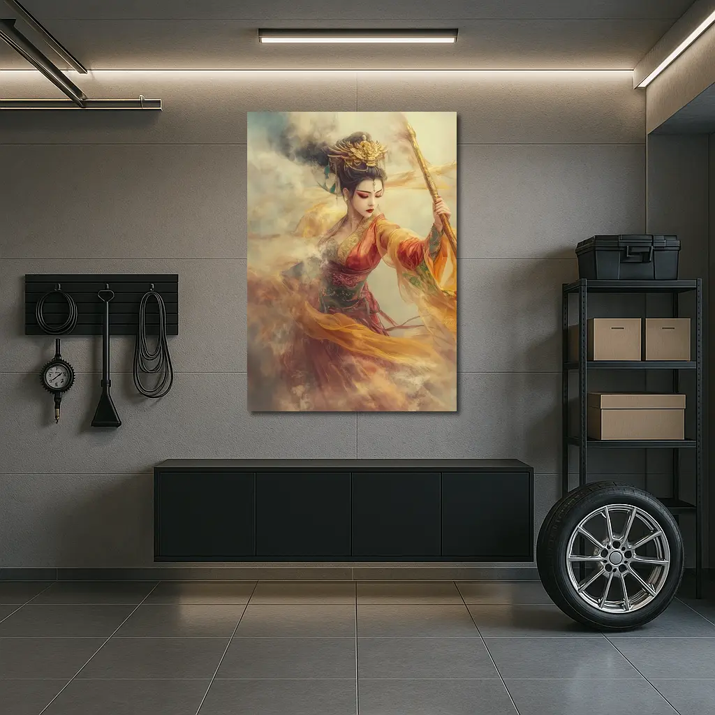 Chinese Warrior Goddess Golden Dragon Staff Art – Wall Art
