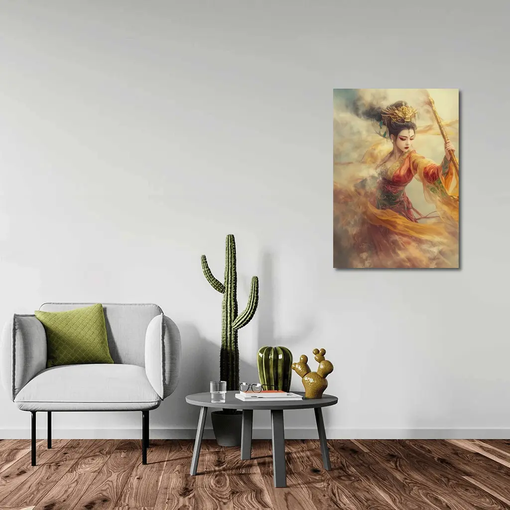 Chinese Warrior Goddess Golden Dragon Staff Art – Wall Art