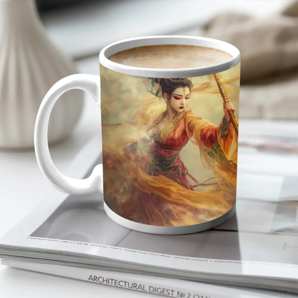 Chinese Warrior Goddess Golden Dragon Staff Art – Mugs