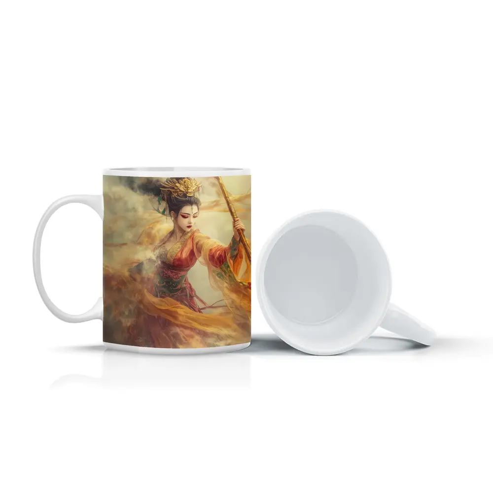 Chinese Warrior Goddess Golden Dragon Staff Art – Mugs