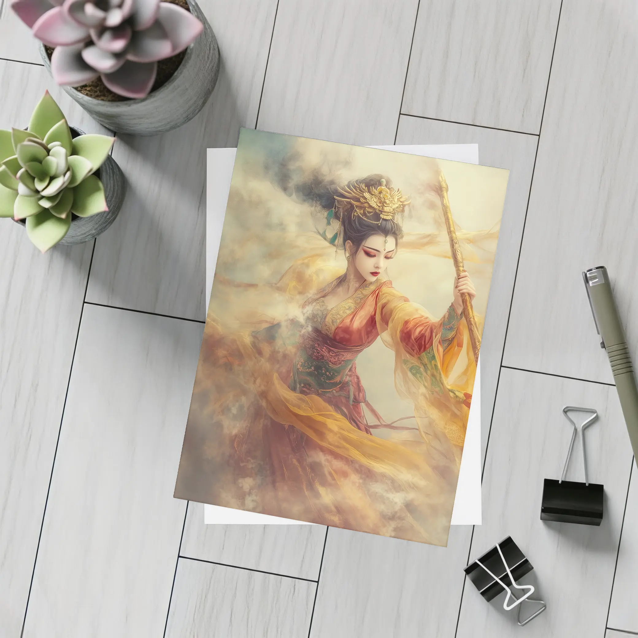 Chinese Warrior Goddess Golden Dragon Staff Art – Postcards