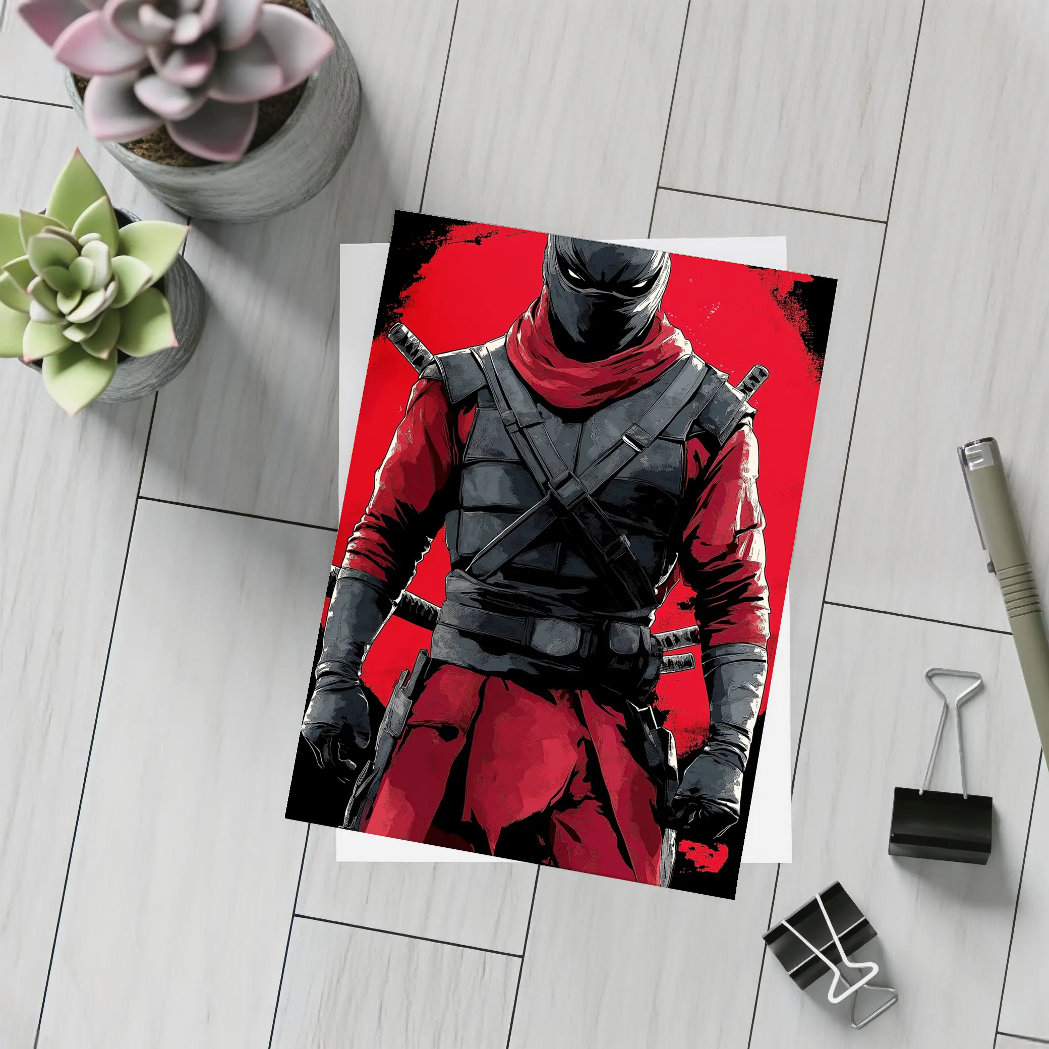 Red and Black Ninja Warrior Dark Background – Postcards