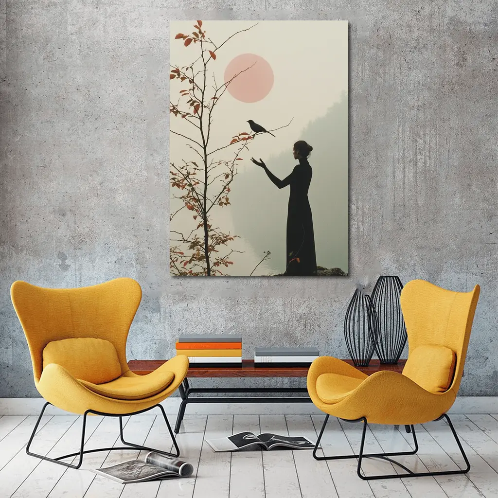 Woman Silhouette Crow Misty Autumn Landscape – Wall Art