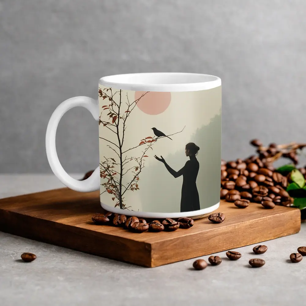 Woman Silhouette Crow Misty Autumn Landscape – Mugs
