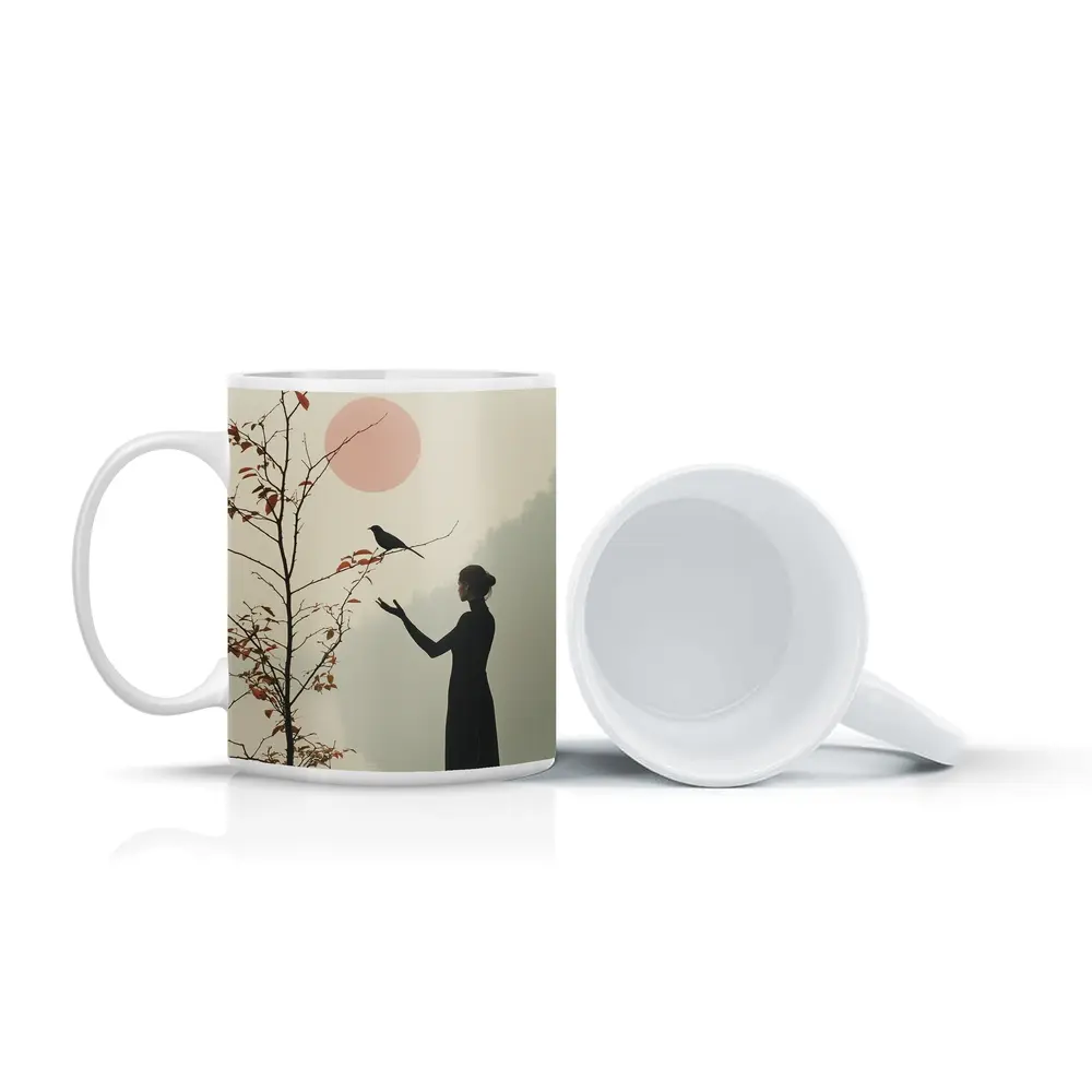 Woman Silhouette Crow Misty Autumn Landscape – Mugs