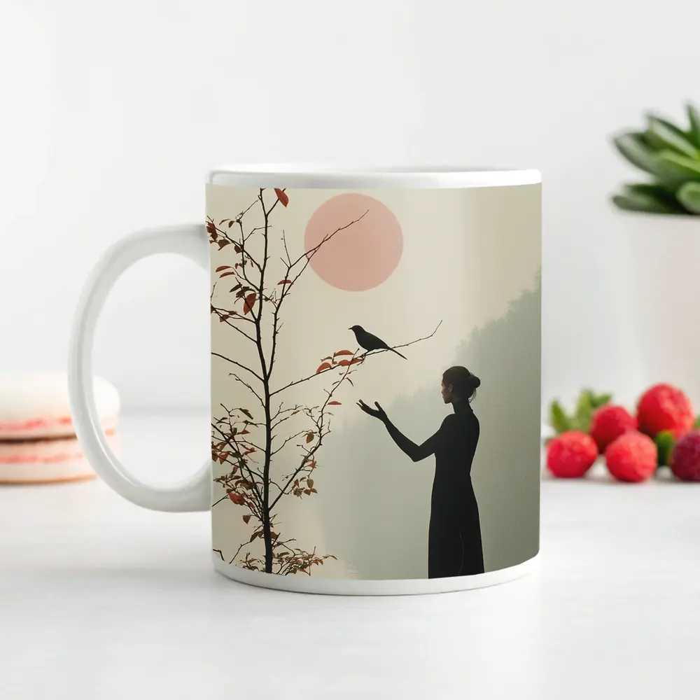 Woman Silhouette Crow Misty Autumn Landscape – Mugs