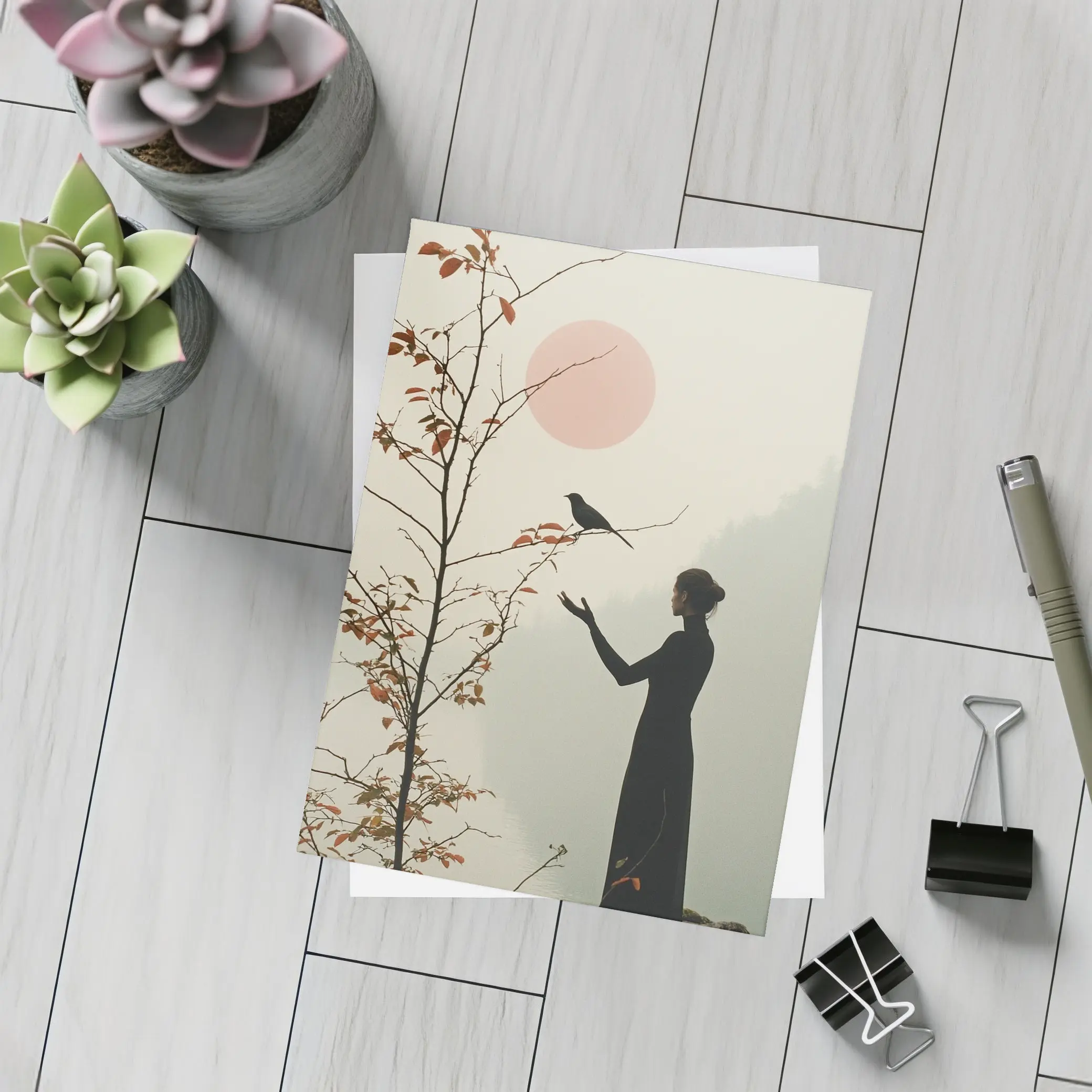 Woman Silhouette Crow Misty Autumn Landscape – Postcards