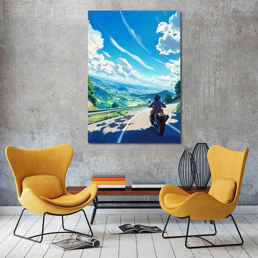 Anime Motorcycle Rider Open Road Landscape – Wall Art