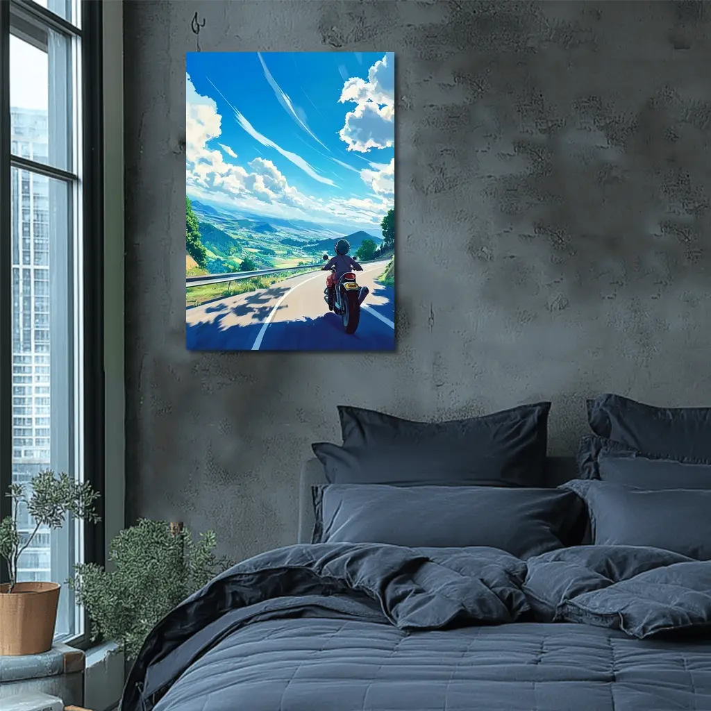 Anime Motorcycle Rider Open Road Landscape – Wall Art