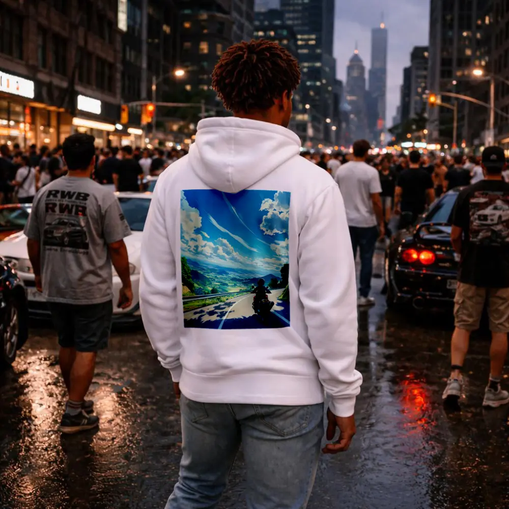 Anime Motorcycle Rider Open Road Landscape – Hoodies