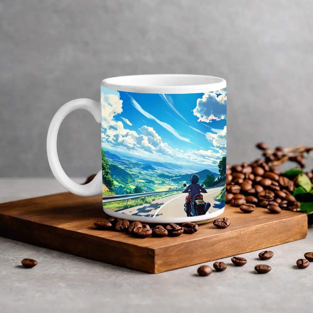Anime Motorcycle Rider Open Road Landscape – Mugs