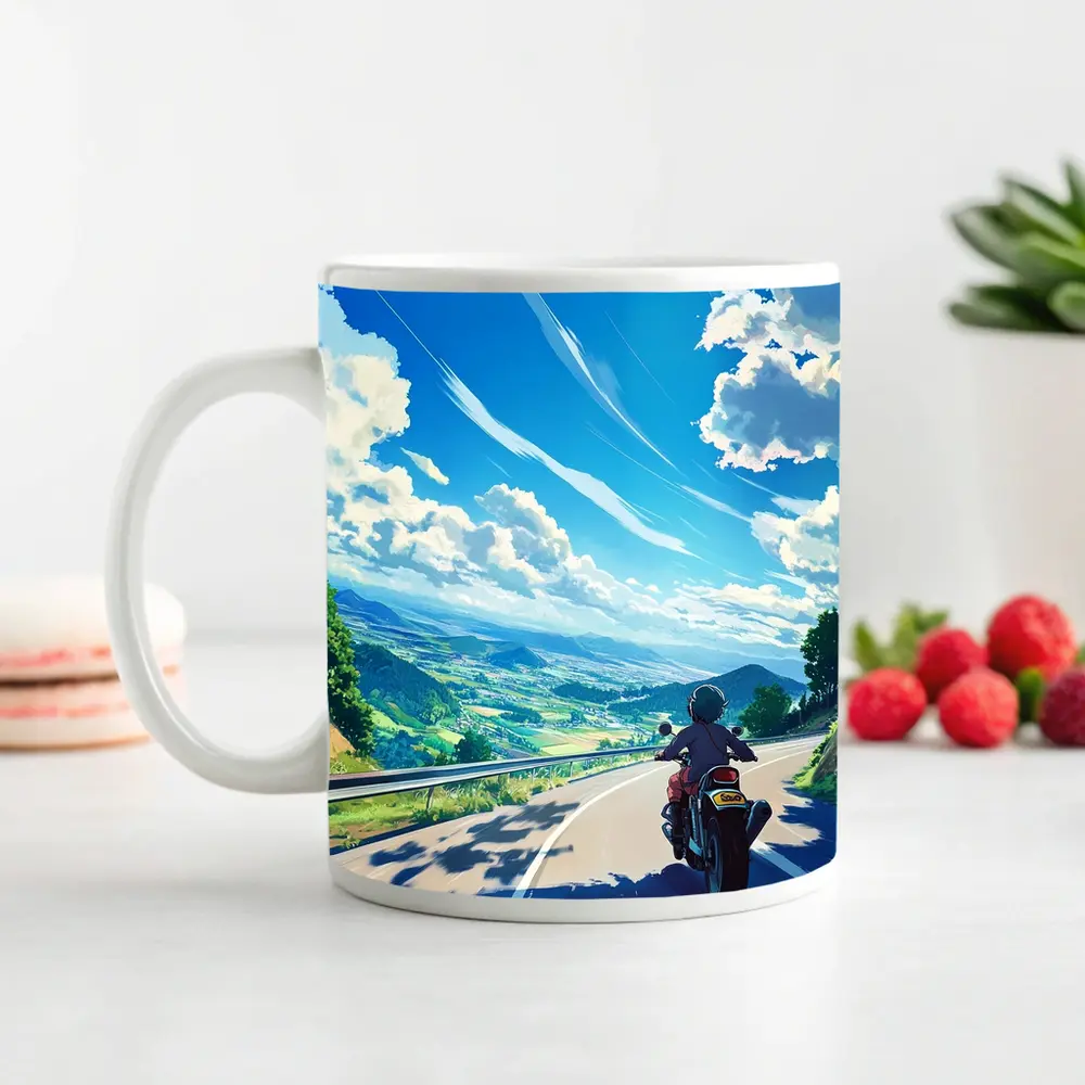Anime Motorcycle Rider Open Road Landscape – Mugs