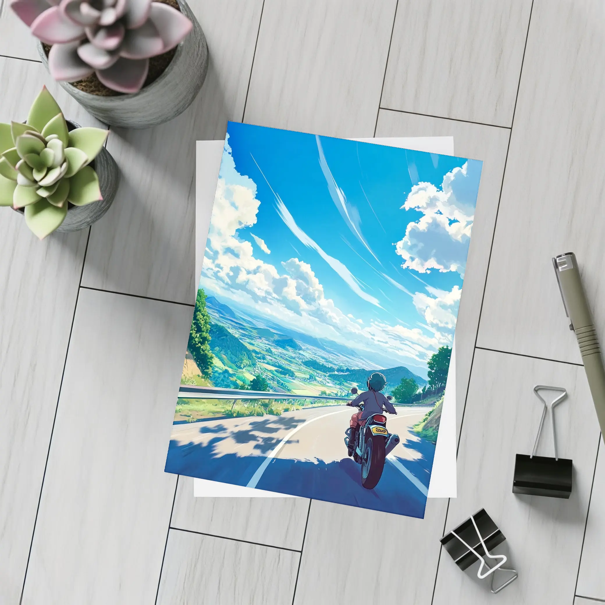 Anime Motorcycle Rider Open Road Landscape – Postcards