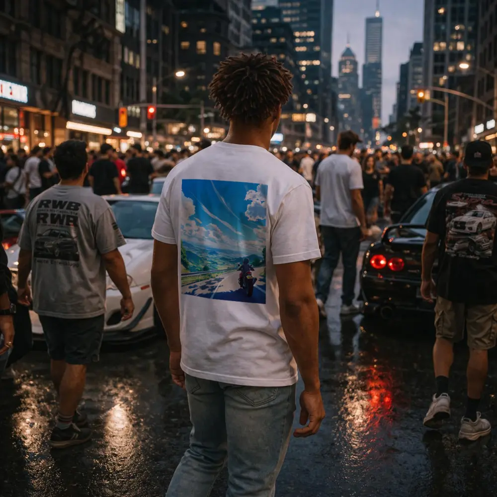 Anime Motorcycle Rider Open Road Landscape – T-Shirts