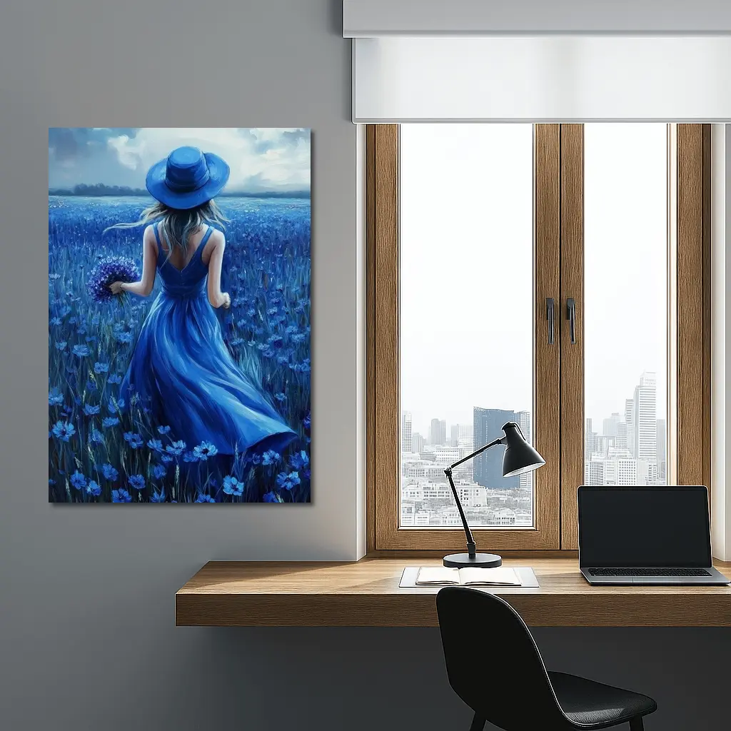 Woman in Blue Dress Cornflower Field Painting – Wall Art