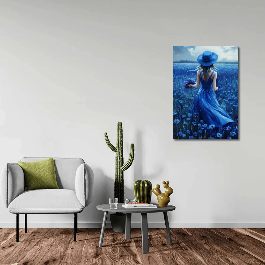 Woman in Blue Dress Cornflower Field Painting – Wall Art