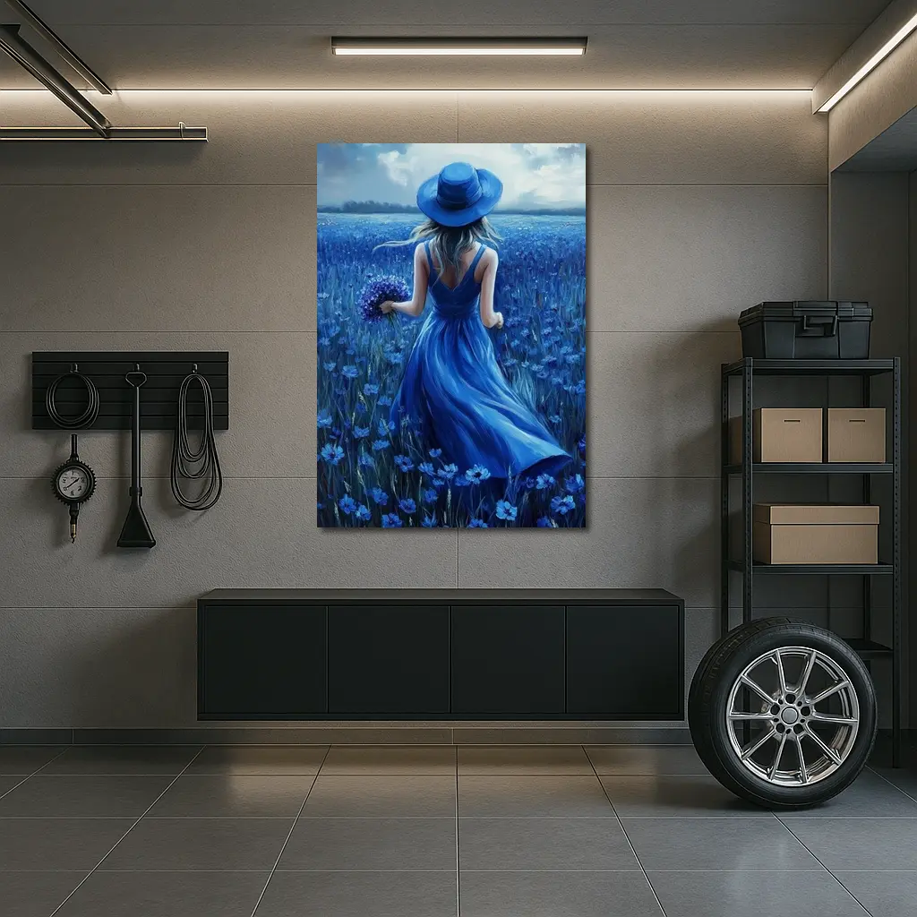 Woman in Blue Dress Cornflower Field Painting – Wall Art