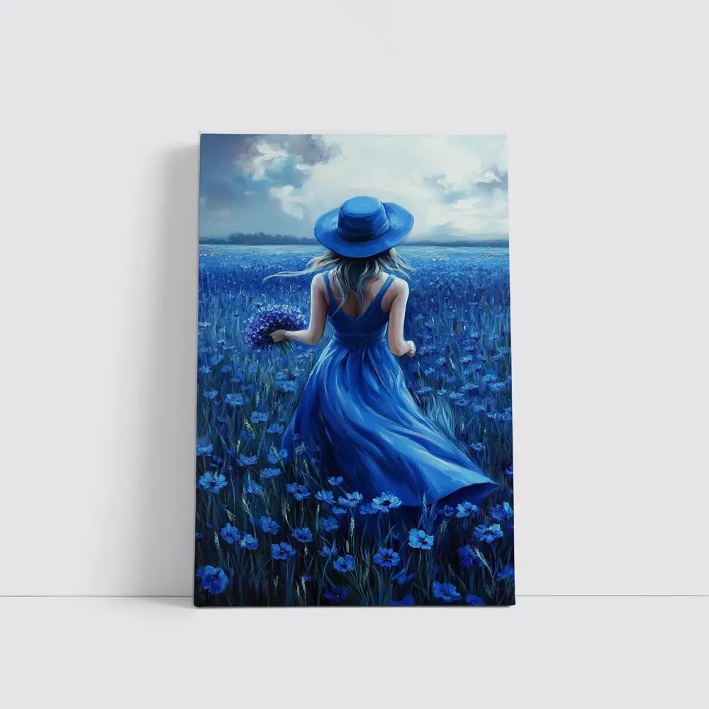 Woman in Blue Dress Cornflower Field Painting – Wall Art