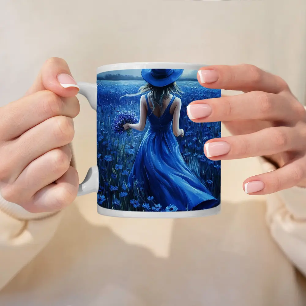 Woman in Blue Dress Cornflower Field Painting – Mugs