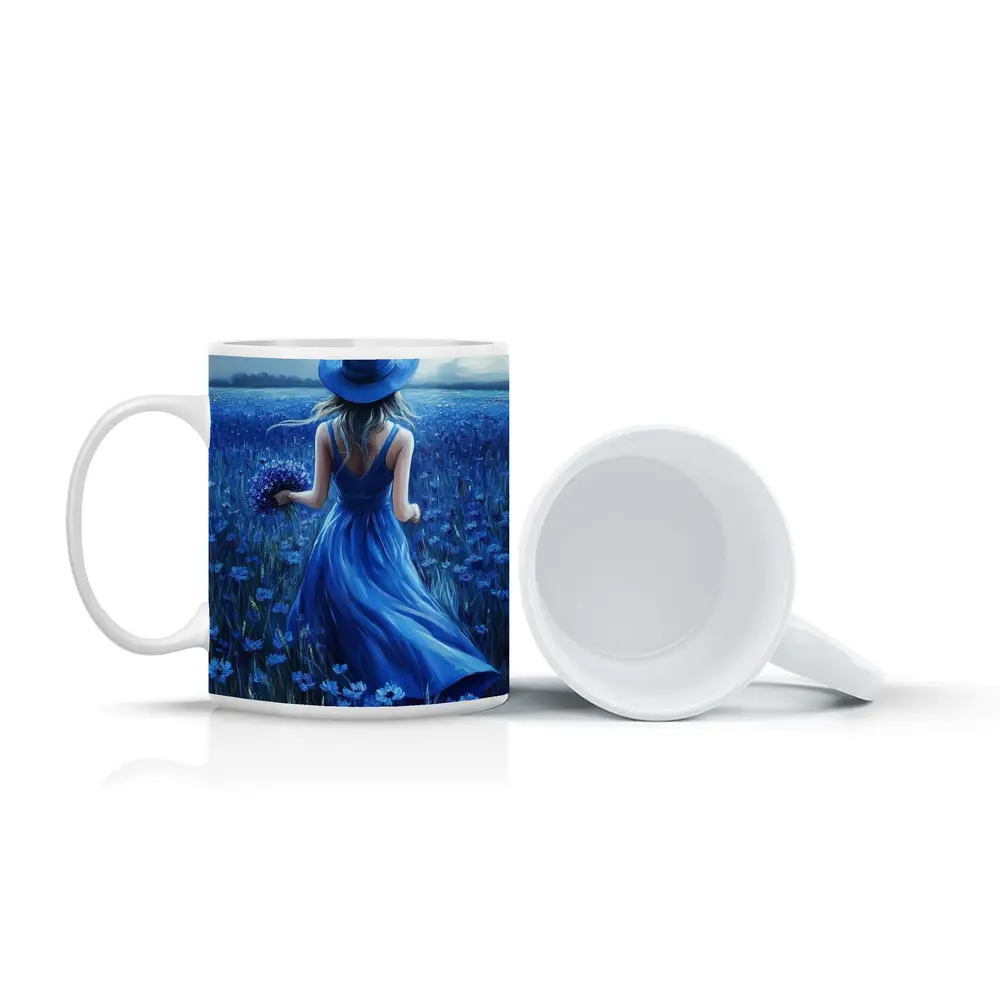 Woman in Blue Dress Cornflower Field Painting – Mugs