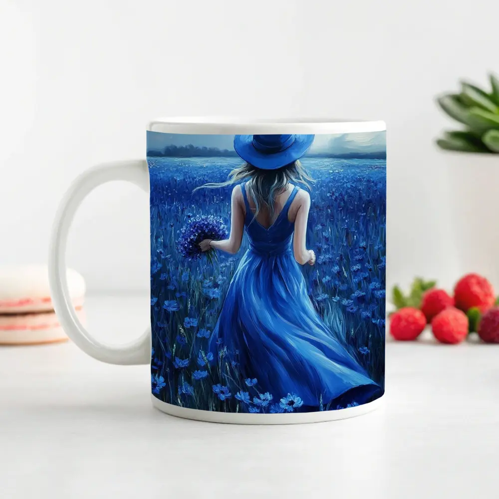 Woman in Blue Dress Cornflower Field Painting – Mugs