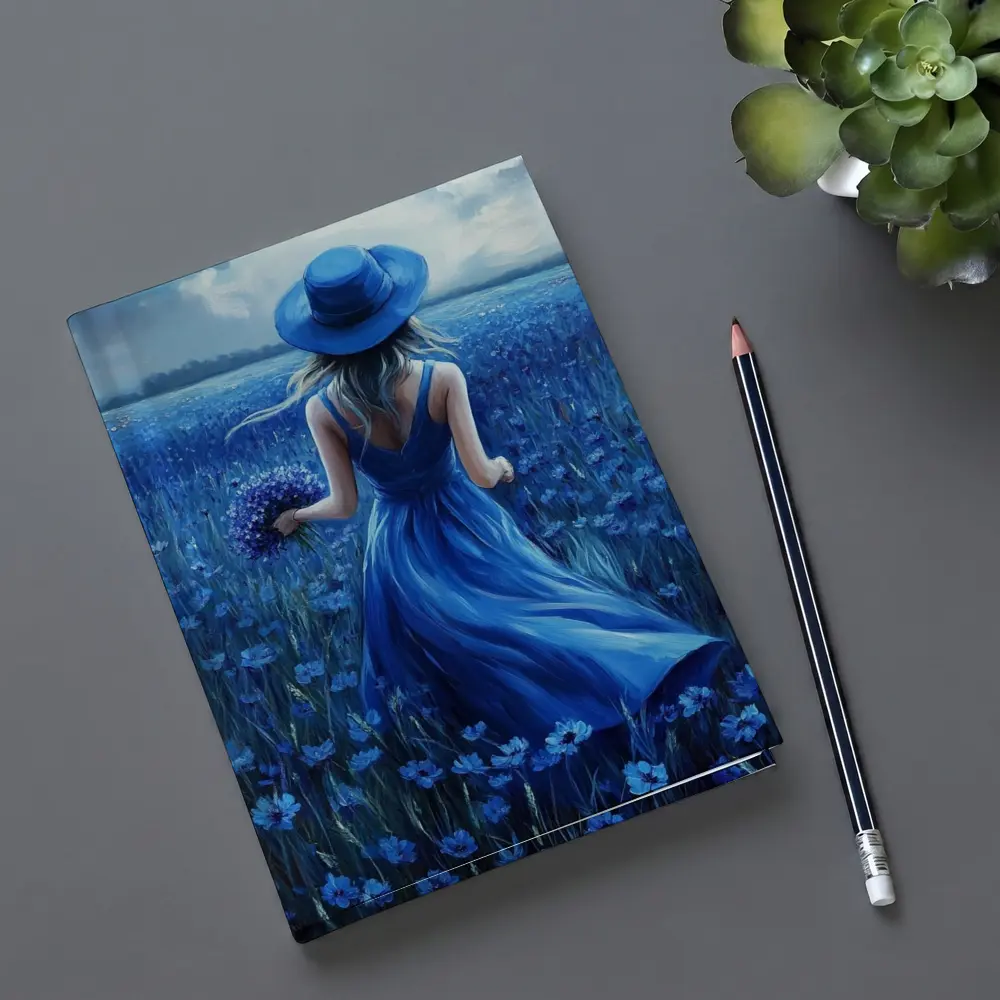 Woman in Blue Dress Cornflower Field Painting – Notebooks