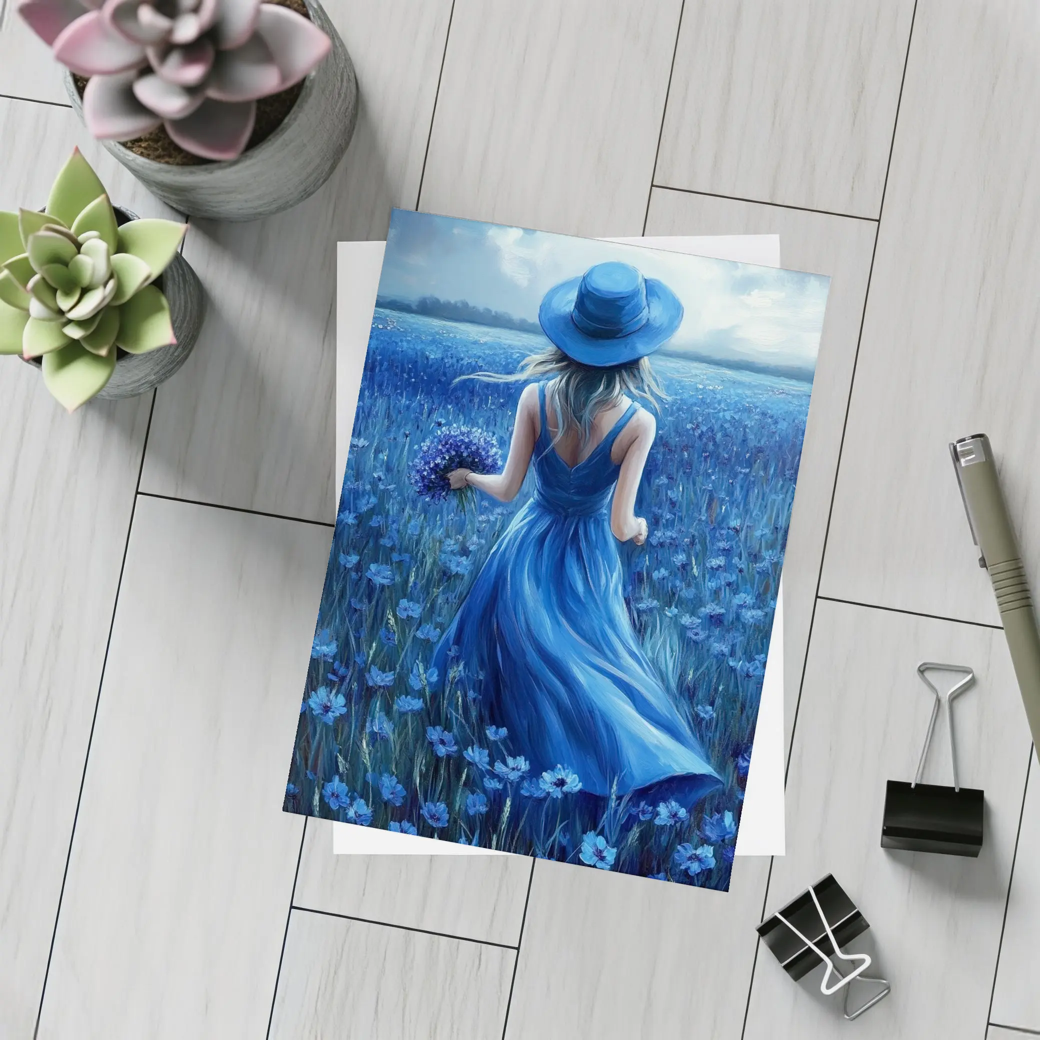 Woman in Blue Dress Cornflower Field Painting – Postcards
