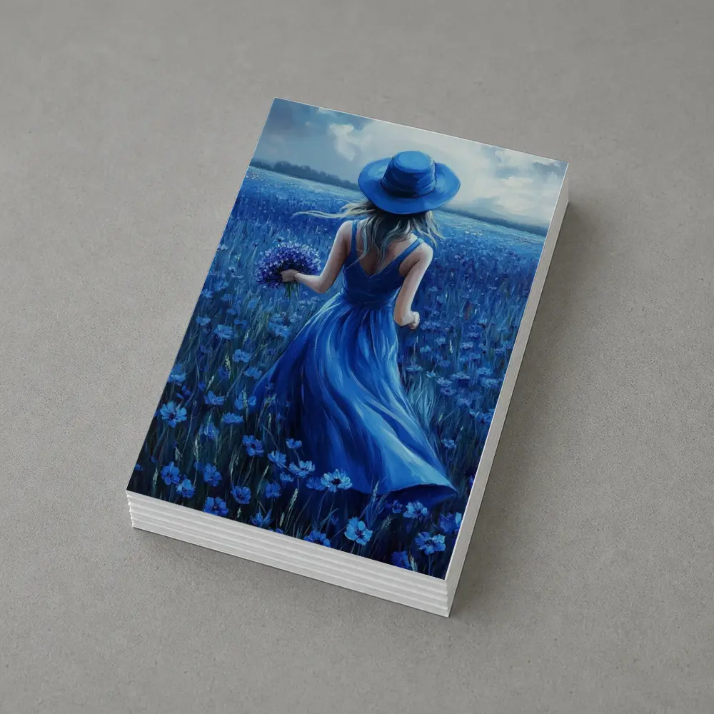 Woman in Blue Dress Cornflower Field Painting – Postcards