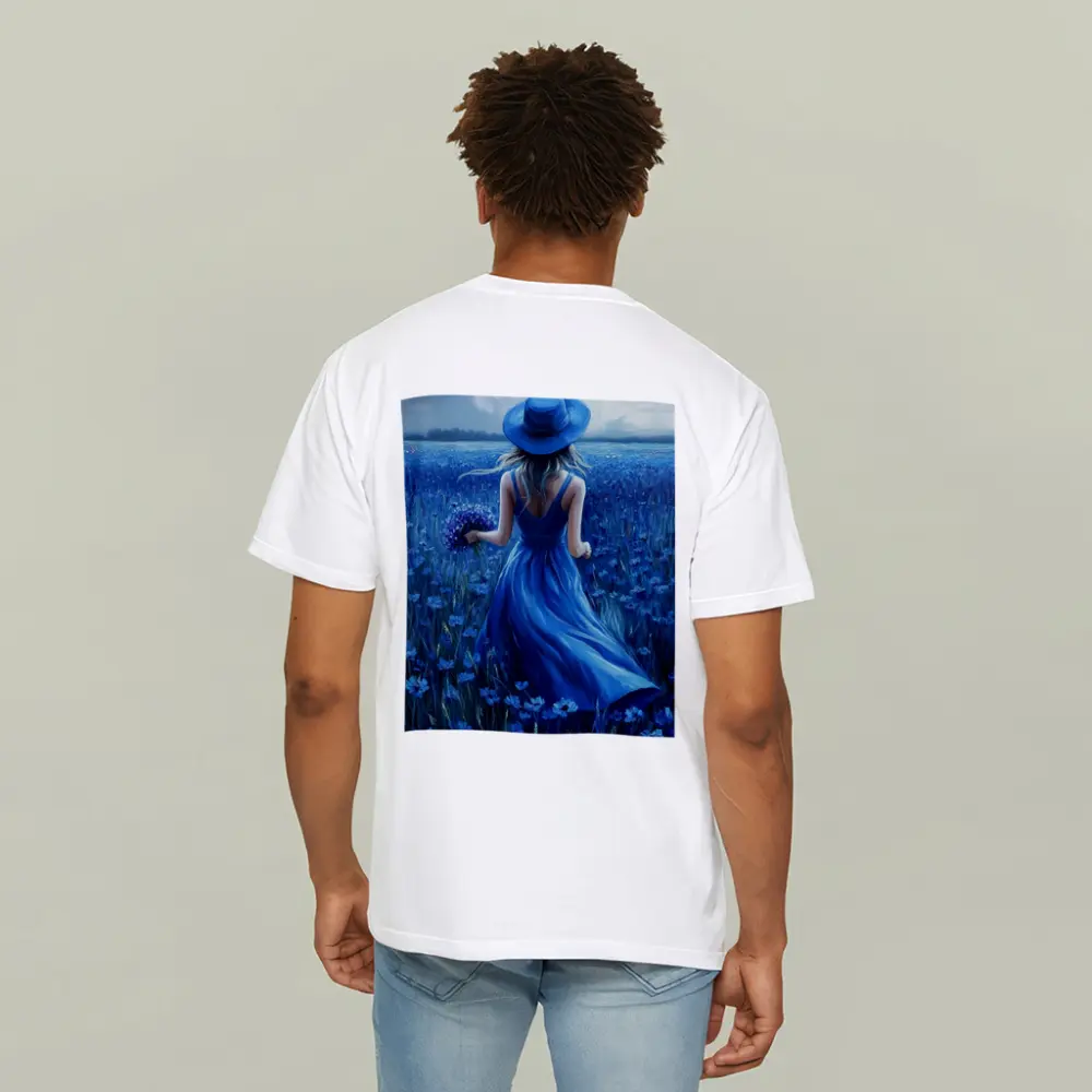 Woman in Blue Dress Cornflower Field Painting – T-Shirts