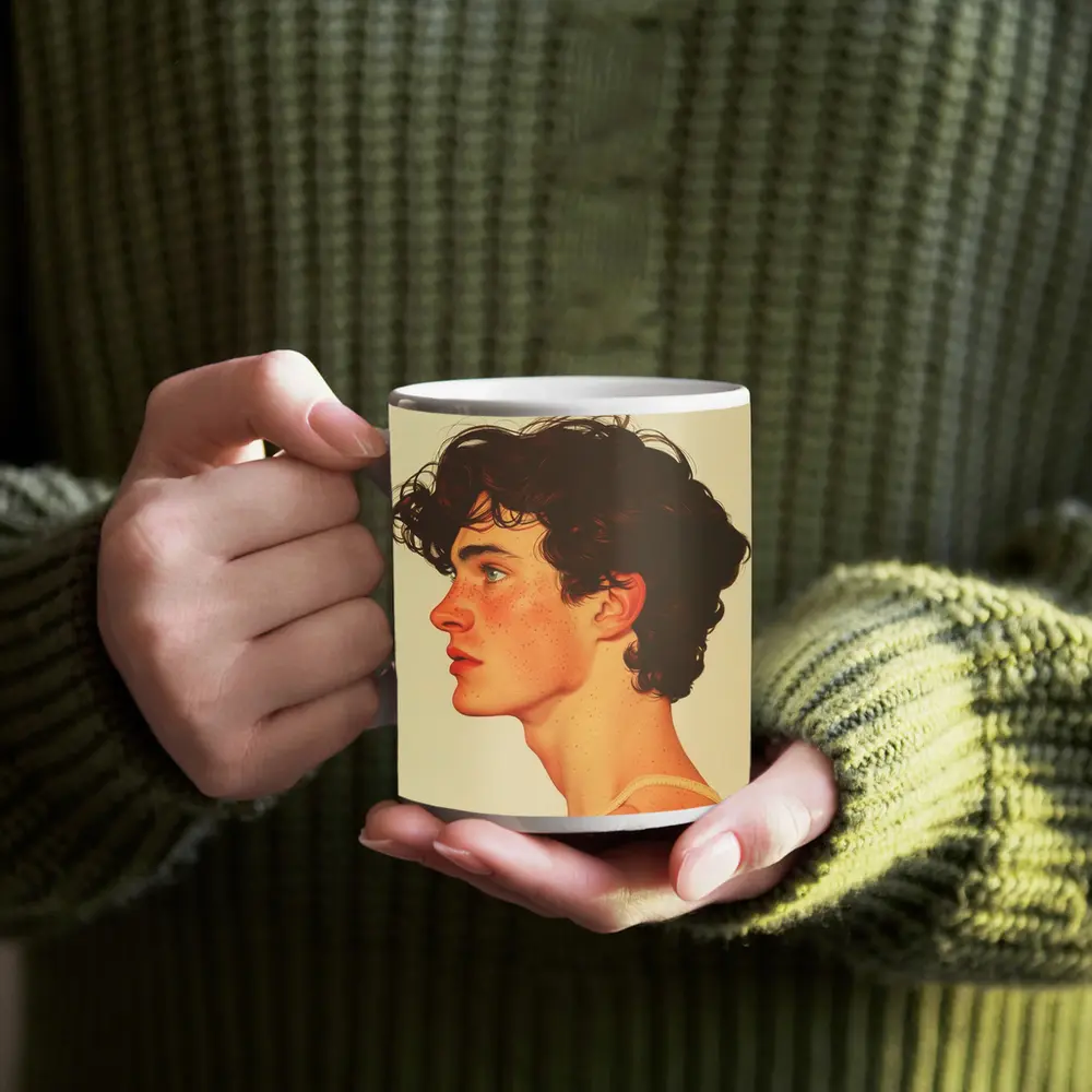 Young Man Portrait Illustration Warm Beige Background – Mugs