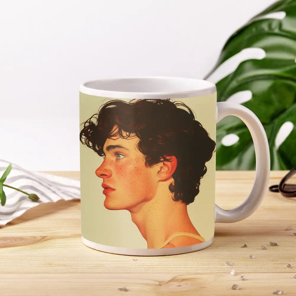 Young Man Portrait Illustration Warm Beige Background – Mugs