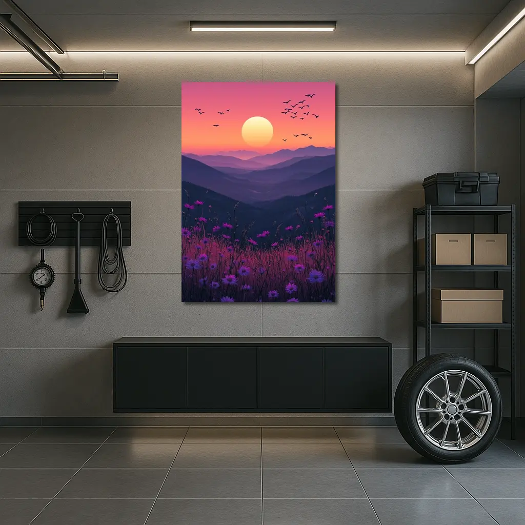 Purple Wildflowers Mountain Sunset Birds Sky – Wall Art