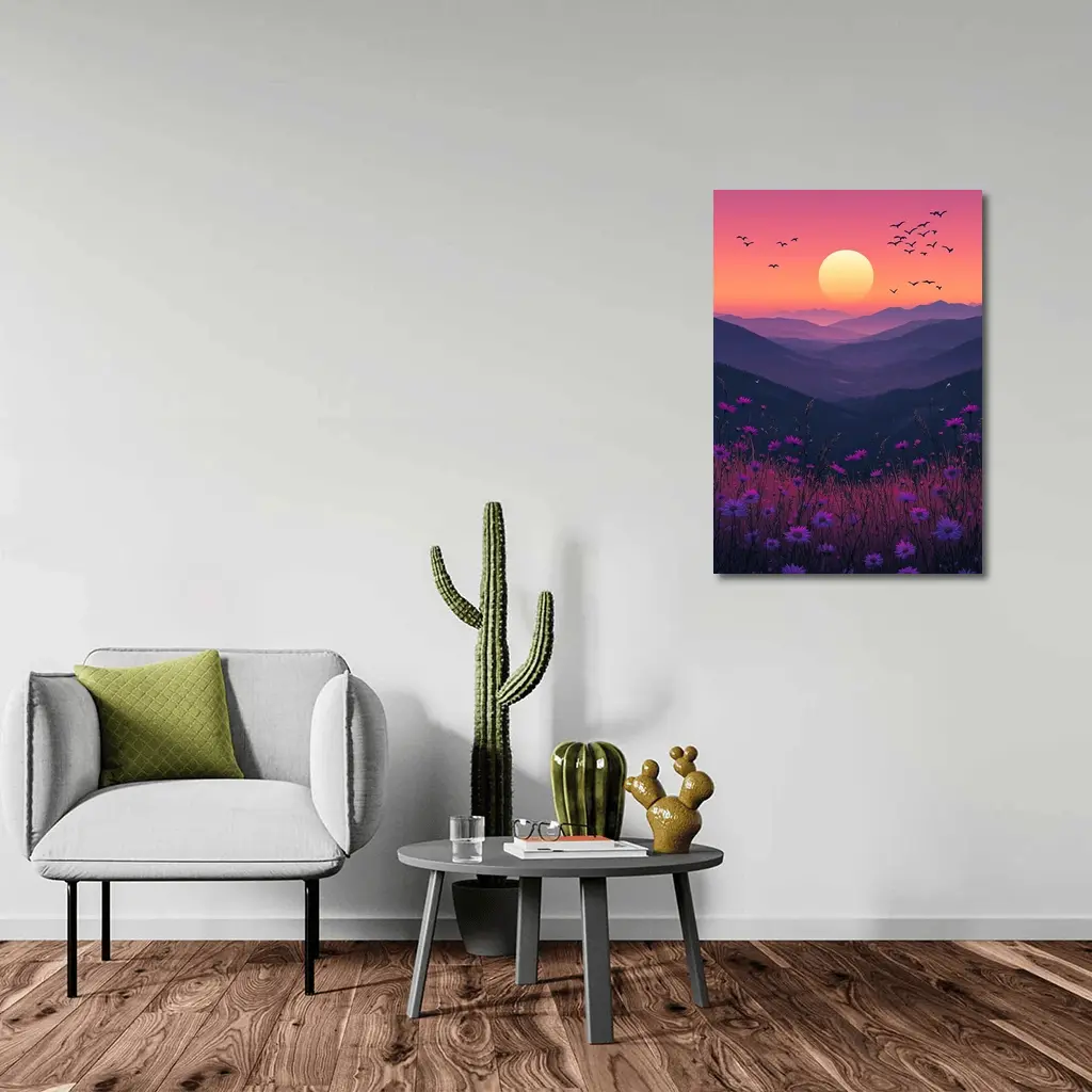 Purple Wildflowers Mountain Sunset Birds Sky – Wall Art