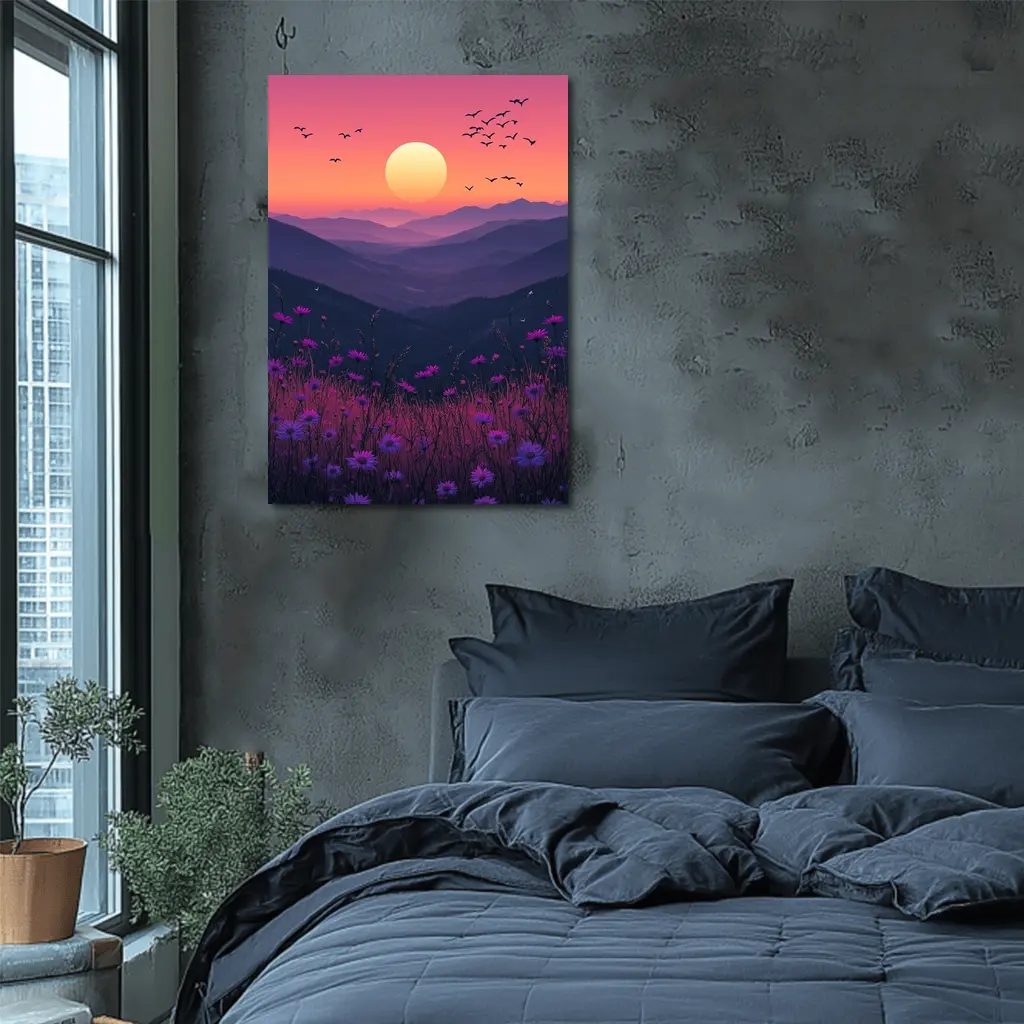 Purple Wildflowers Mountain Sunset Birds Sky – Wall Art