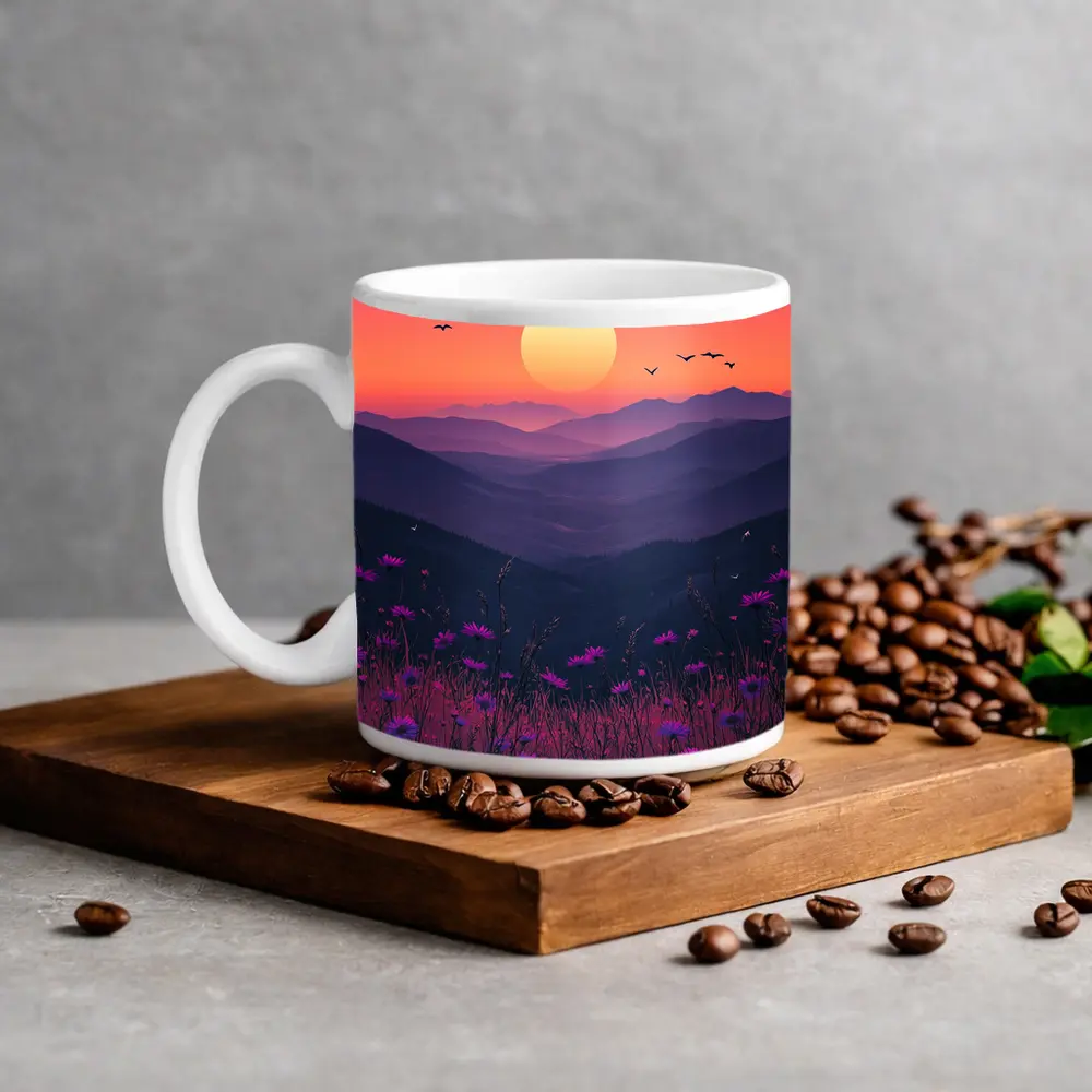 Purple Wildflowers Mountain Sunset Birds Sky – Mugs