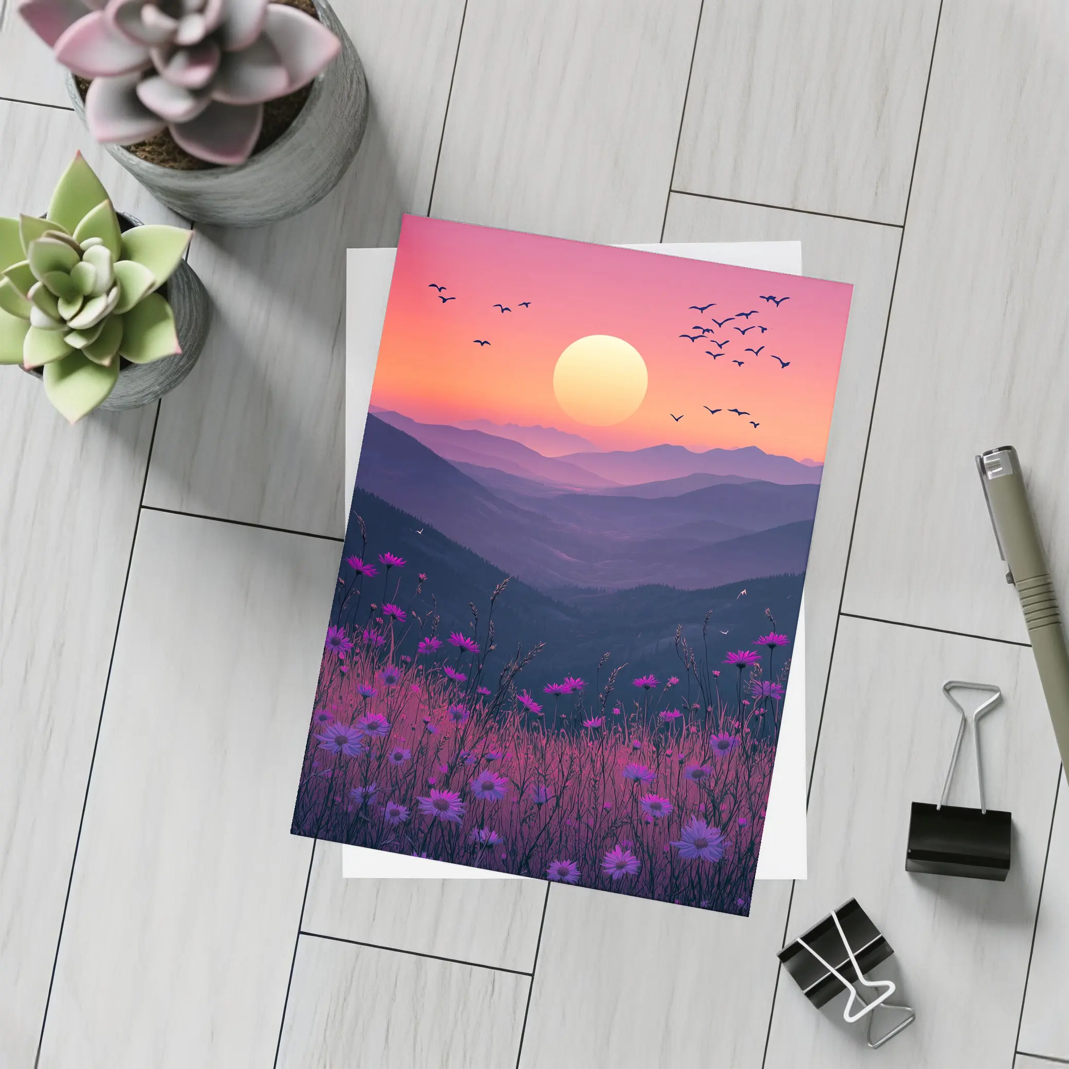 Purple Wildflowers Mountain Sunset Birds Sky – Postcards