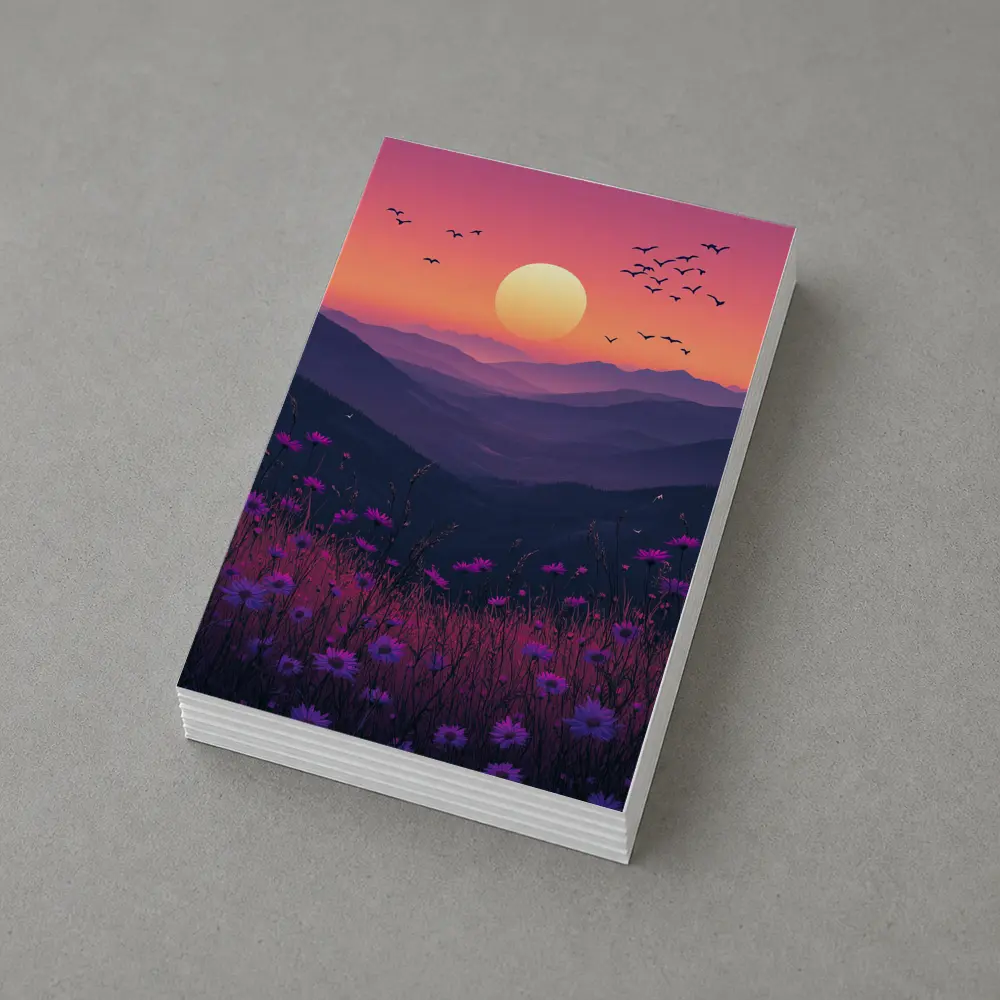 Purple Wildflowers Mountain Sunset Birds Sky – Postcards