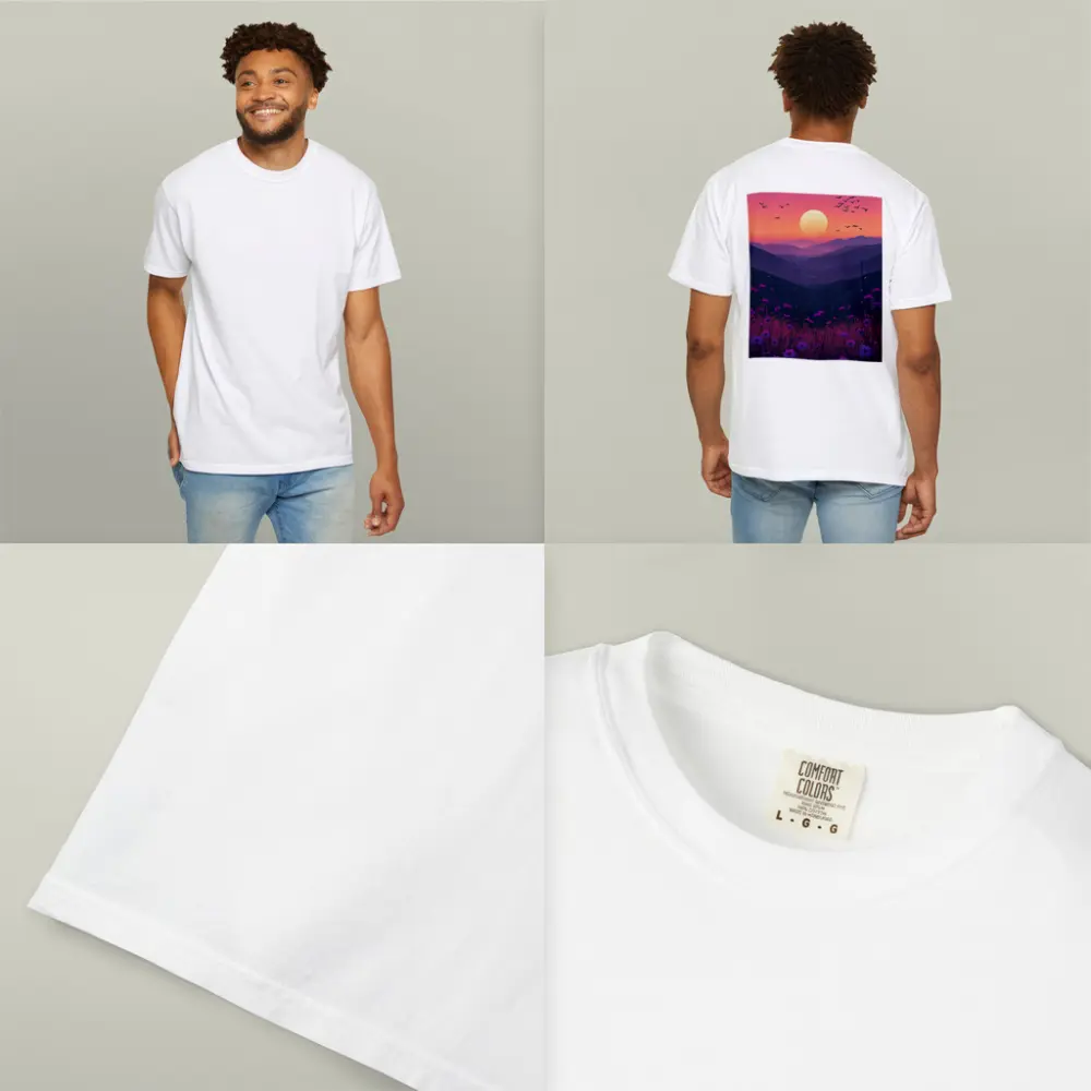 Purple Wildflowers Mountain Sunset Birds Sky – T-Shirts