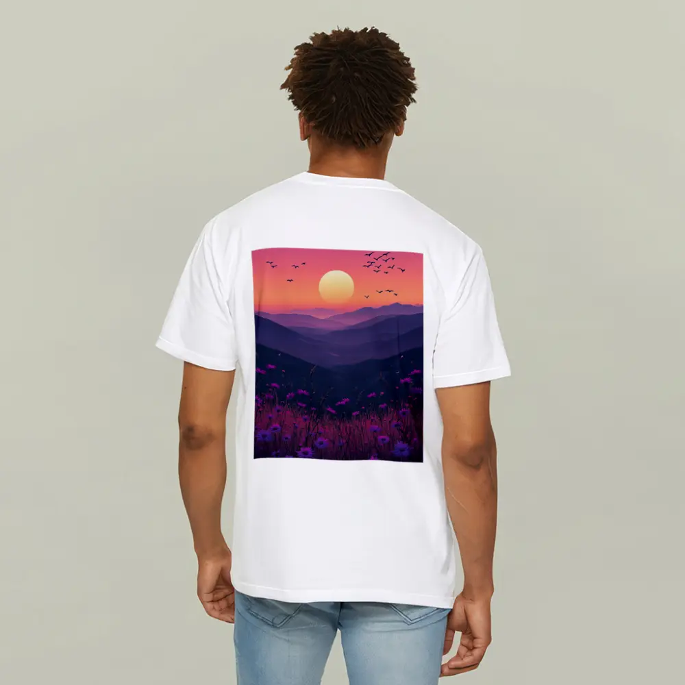 Purple Wildflowers Mountain Sunset Birds Sky – T-Shirts