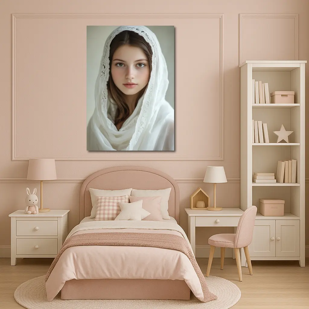 Young Woman White Lace Veil Portrait – Wall Art