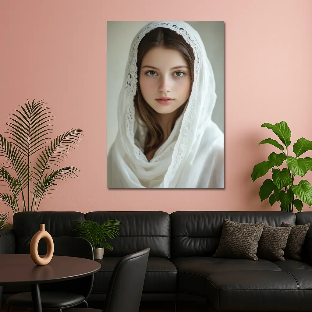 Young Woman White Lace Veil Portrait – Wall Art